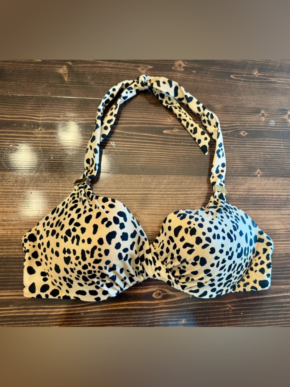 Victoria's Secret Leopard Twist Front Halter Push Up Bikini Top Tan & Black 36B